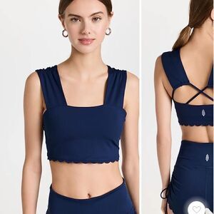 NWT Free People Suns Out Cami Blue Navy Cropped Tank Crisscross Scalloped Hem